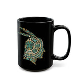 A Turquoise and Gold Mayan Warrior Face Black Mug
