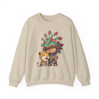 Chibi Aztec Warrior and Jaguar Cub Cartoon Unisex Sweatshirt