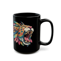 Comic Style Jaguar Mask with Rainbow Feathers Black Mug